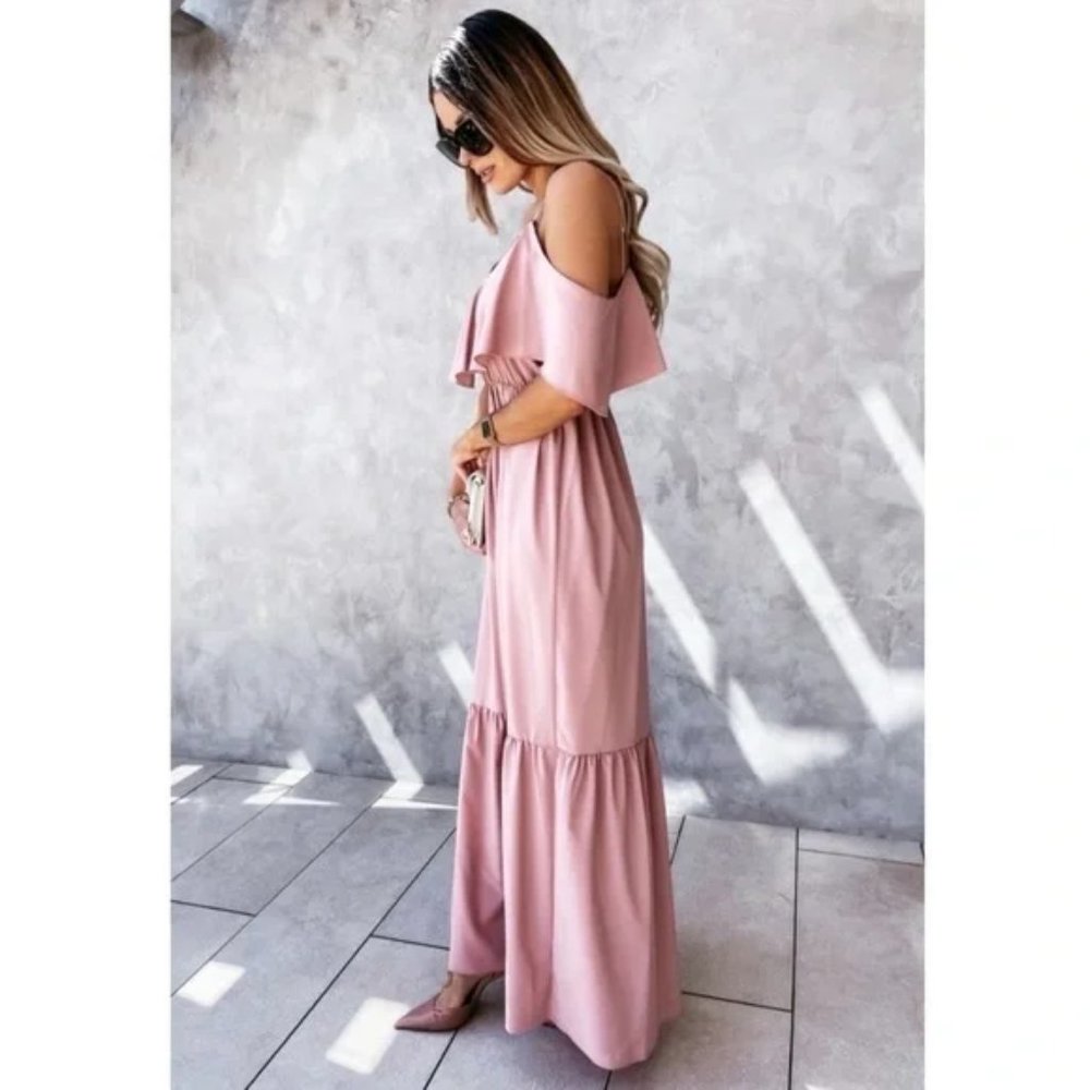 Pink Cold Shoulder Short Sleeve Tiered Long Flowy Maxi Dress - Picture 2 of 7